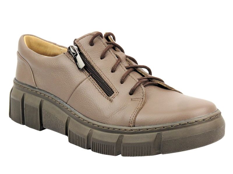 Skórzane Półbuty Damskie Polskiej Marki - HELIOS Komfort 413 Khaki - Na Zamek