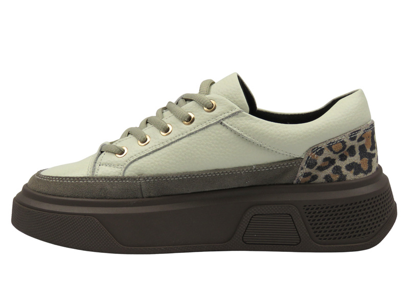 Skórzane sneakersy damskie na platformie beżowe Cambell 25-19343