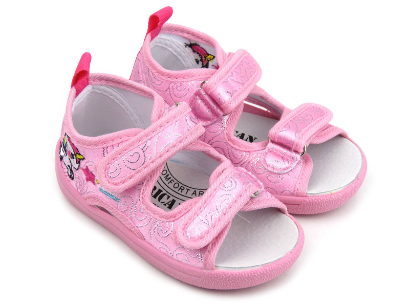Sandałki dziecięce na rzepy - American Club TEN 38/22, różowe z jednorożcem
