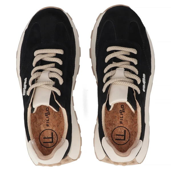 Wygodne sneakersy damskie ze skóry naturalnej zamszowej na platformie Filippo DP7498/26, czarne