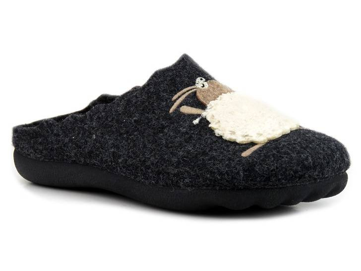 Filcowe kapcie damskie z wełną - MANITU 320088-01, czarne z owieczką