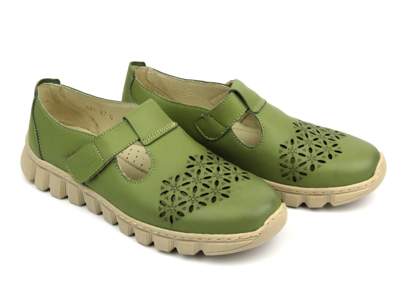 Skórzane półbuty damskie wiosenno-letnie - Helios Komfort 421, zielone