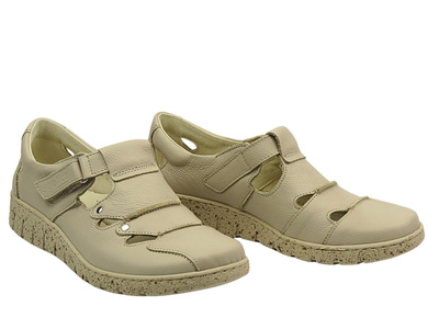 Skórzane półbuty damskie zapinane na rzep ecru Helios Komfort 780S