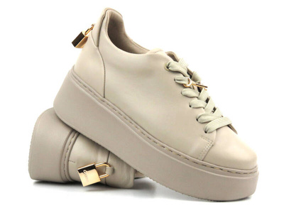 Skórzane buty damskie na platformie - Carinii B9580, beżowe