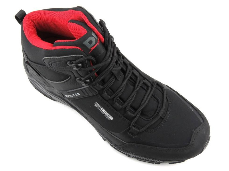 Wysokie trekkingi męskie z materiałem softshell - DK 1751, czarne z czerwienią