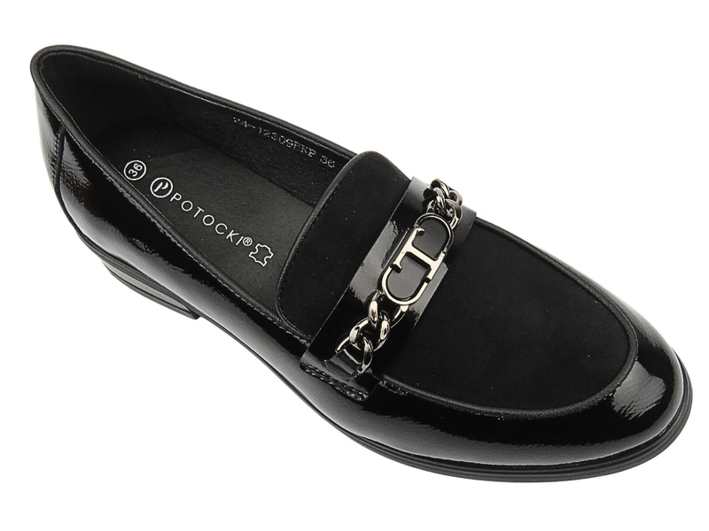 Mokasyny, loafersy damskie lakierowane - Potocki 24-12309, czarne-wsuwane