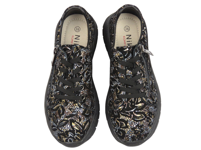 Skórzane półbuty damskie czarno-złote Nika Komfort H-233