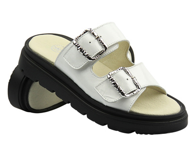 Skórzane klapki damskie z regulowanymi paskami - HELIOS Komfort 158, białe