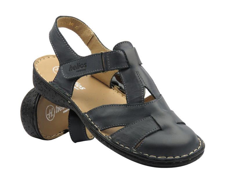 Skórzane sandały damskie z zabudowanym przodem grafitowe Helios Komfort 152