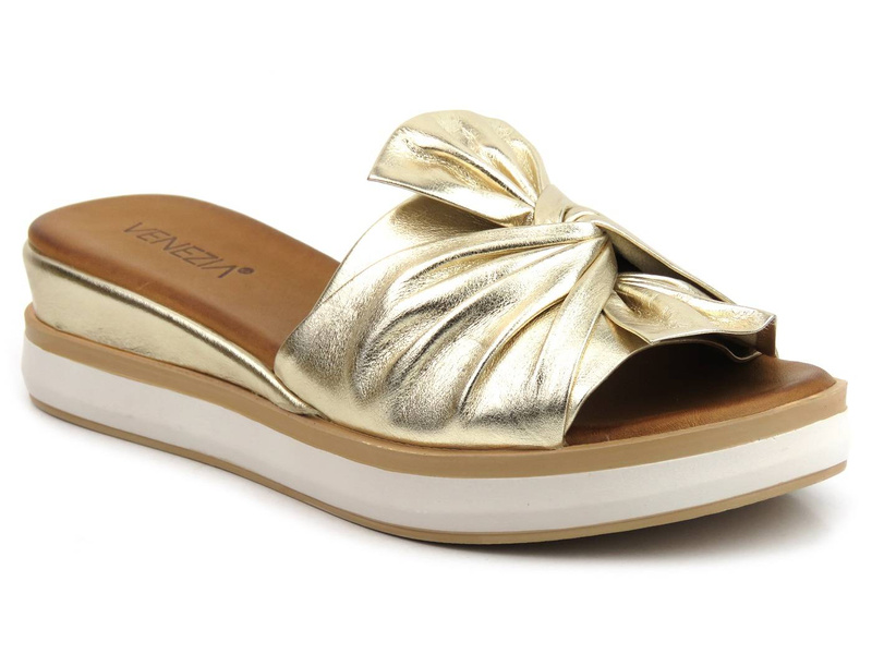 Skórzane klapki damskie z kokardą - VENEZIA 0301330111, złote