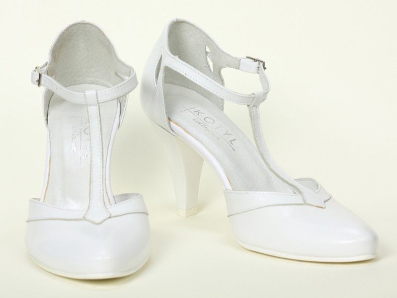 Skórzane czółenka ślubne z paskiem wokół kostki - Kotyl 148, białe, II