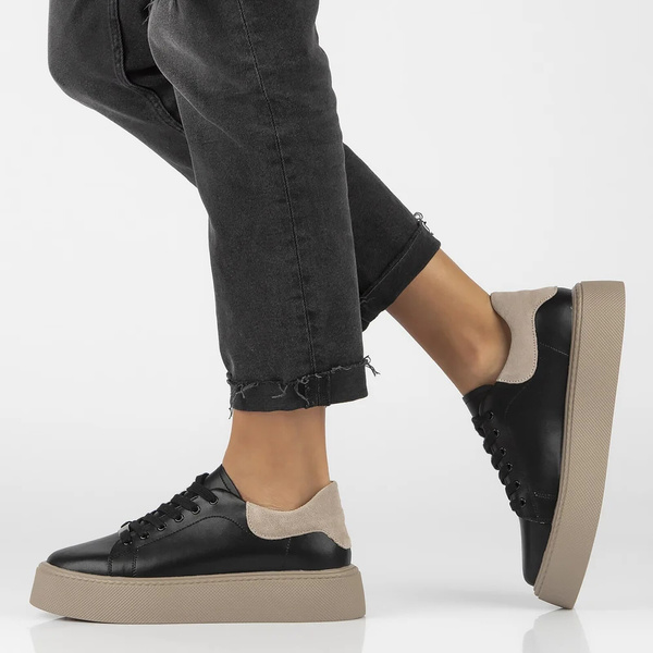 Skórzane sneakersy damskie na platformie-Filippo DP6119/24, czarno-beżowe