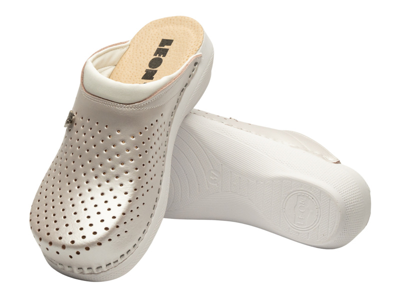 Skórzane Klapki Damskie Leon PU100 perłowe