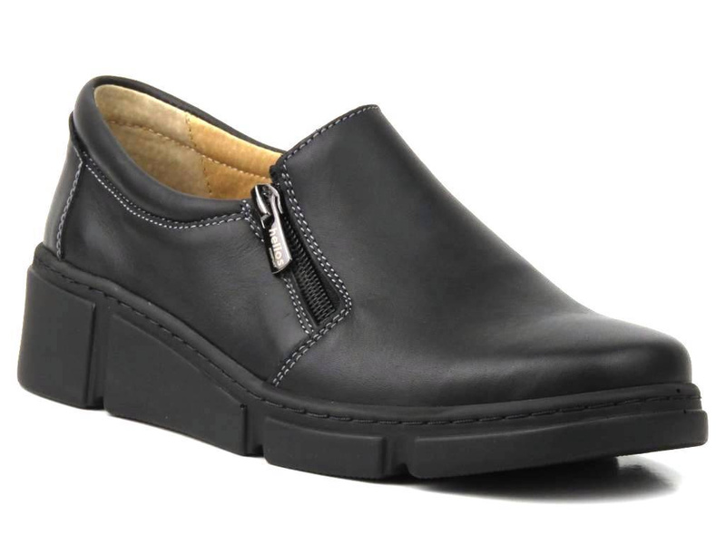 Skórzane półbuty damskie na suwak - HELIOS Komfort 404, czarne
