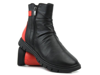 Botki damskie z dwoma suwakami - MANITU 990164-04, czarne z czerwonymi dodatkami