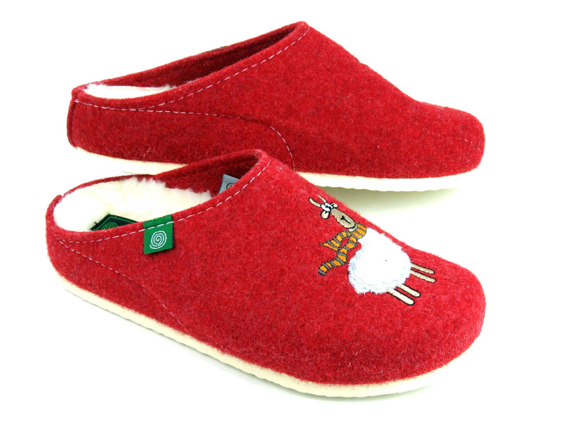 Ciepłe kapcie filcowe damskie z wełną - Dr BRINKMANN 320083-04, czerwone z owieczką
