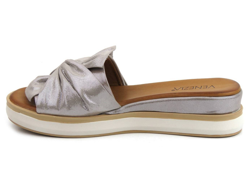 Skórzane klapki damskie z kokardą - VENEZIA 0301330111, szare