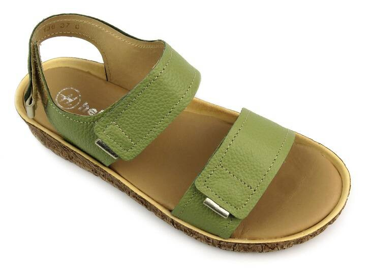 Skórzane sandały damskie na rzepy - Helios 136, zielone