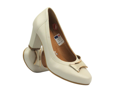 Skórzane czółenka na obcasie - GALANT 3008, beżowe