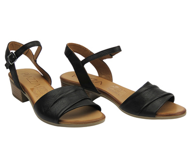 Skórzane sandały damskie na niewielkim obcasie - PIAZZA 910128-08, czarne