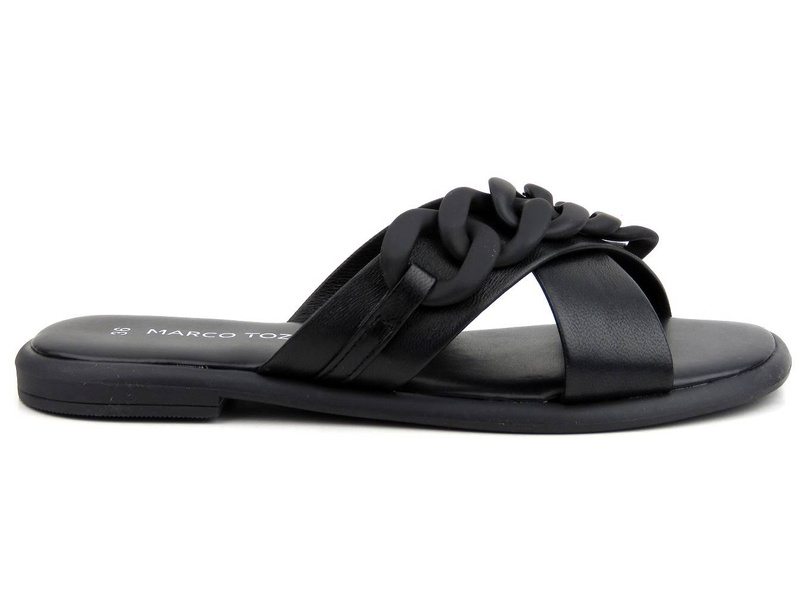 Skórzane klapki damskie z ozdobnym łańcuchem - MARCO TOZZI 27121, czarne