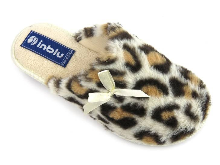 Futerkowe kapcie damskie w panterkę - INBLU LB-94, beżowe