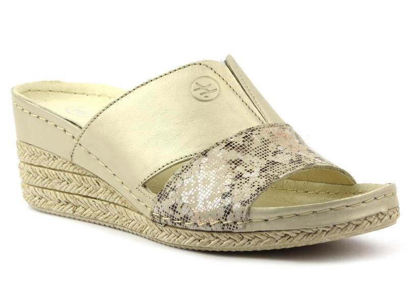 Skórzane klapki damskie na koturnie - HELIOS Komfort 295, złote