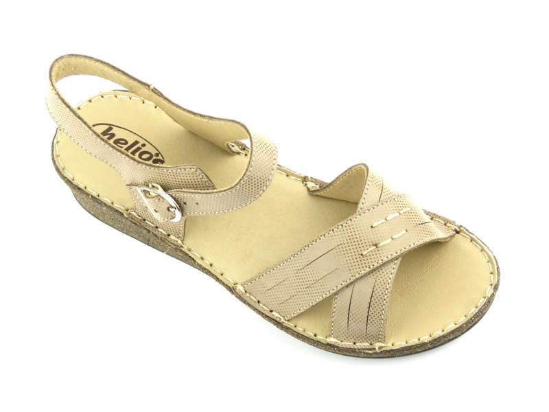 Skórzane sandały damskie na niewysokim koturnie - HELIOS Komfort 228, beżowe