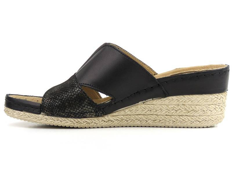 Skórzane klapki damskie na koturnie - HELIOS Komfort 295, czarne