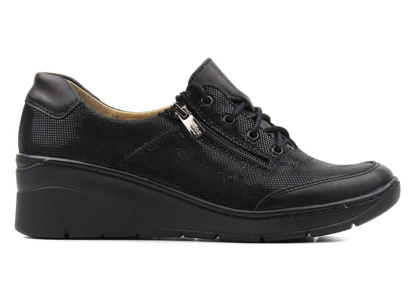 Wygodne półbuty damskie z połyskującą cholewką - Helios Komfort 334S, czarne