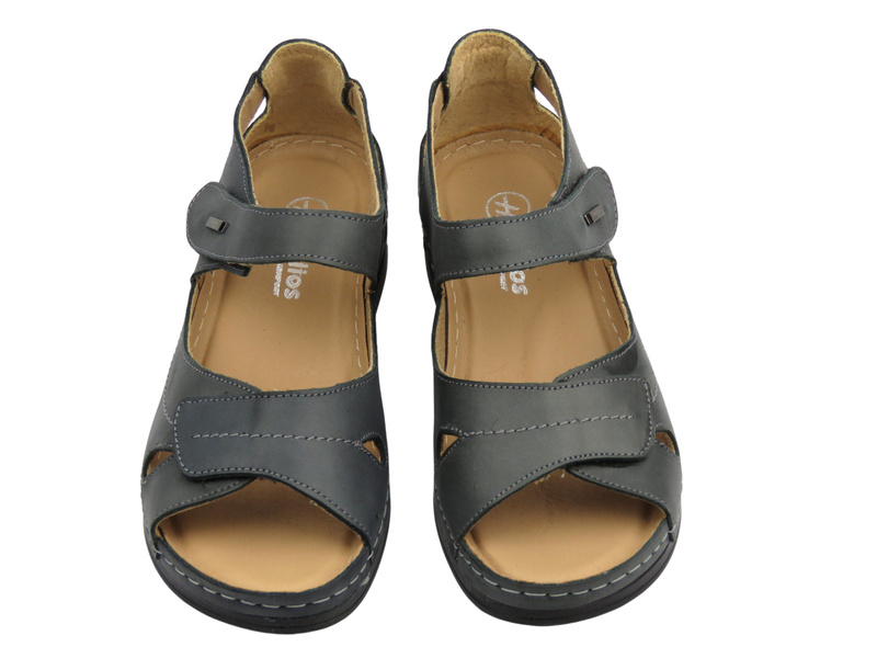 Skórzane sandały damskie na rzepy grafitowe Helios Komfort 139