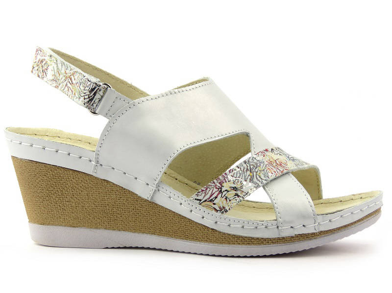 Skórzane sandały damskie na koturnie - HELIOS Komfort 299, srebrne