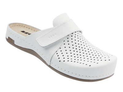 Skórzane, ażurowe klapki damskie białe Leon 970