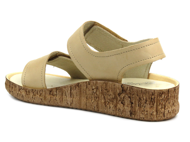 Skórzane sandały damskie na rzepy - Helios 136, jasnobeżowe