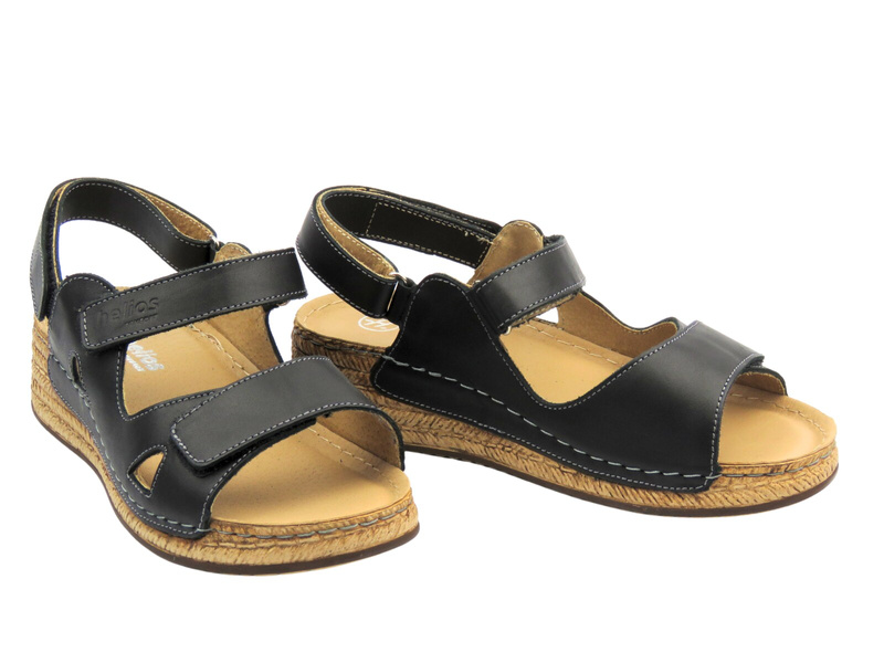 Skórzane sandały damskie na rzepy - Helios 138, czarne