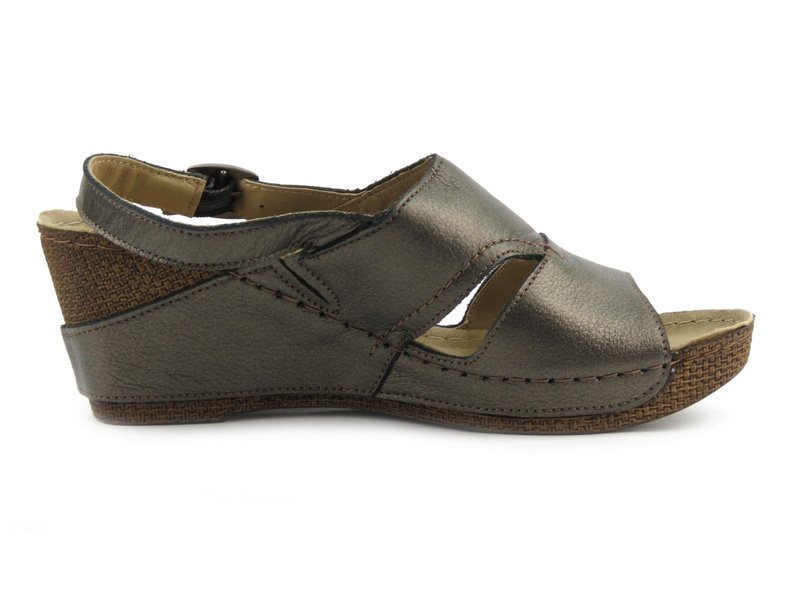 Skórzane Sandały damskie na koturnie HELIOS 217, brązowe