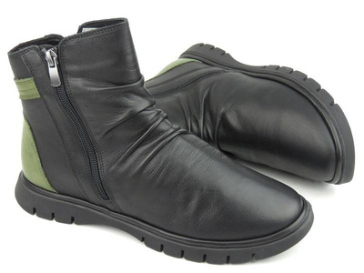 Botki damskie na suwaki - MANITU 990164-07, czarne z zielonymi dodatkami