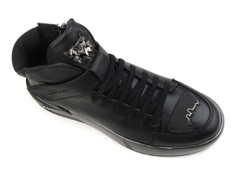 Skórzane sneakersy męskie za kostkę - JOHN DOUBARE R6576, czarne