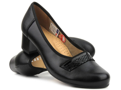 Skórzane czółenka na niskim obcasie - GALANT 940, czarne