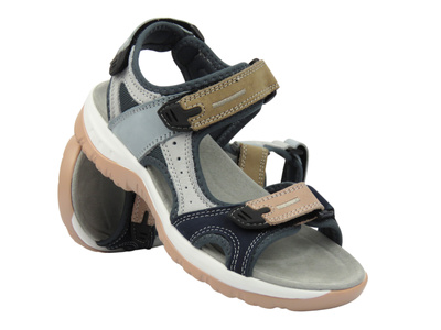 Skórzane sandały damskie na rzepy - Nika komfort H-665, niebieskie