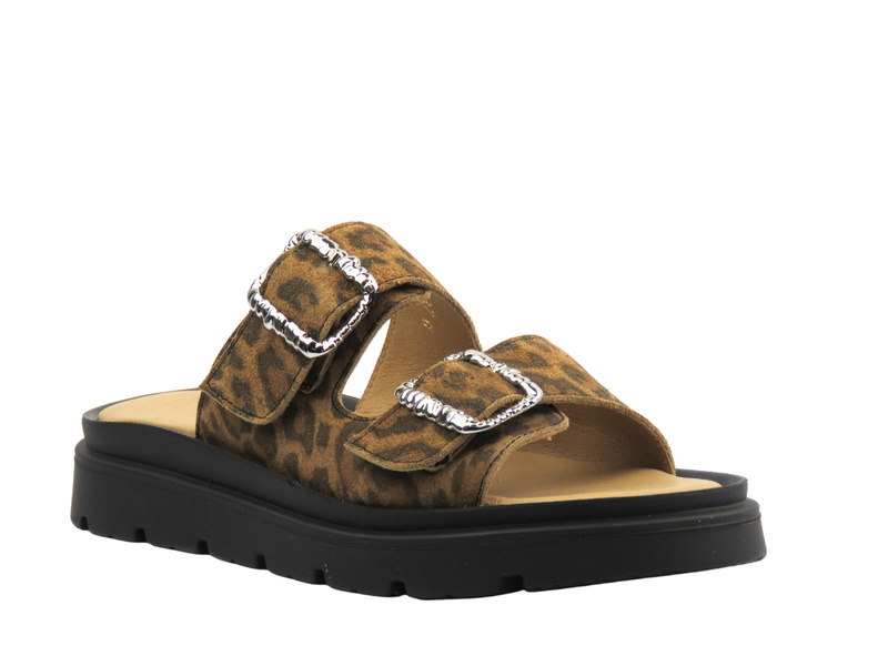 Skórzane klapki damskie z regulowanymi paskami brązowe w panterkę HELIOS Komfort 158,