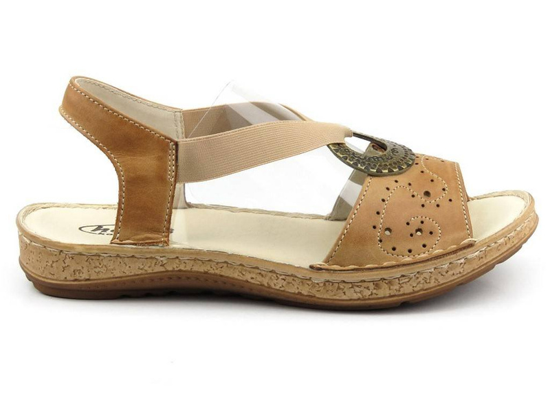 Skórzane sandały damskie z klamrą - Helios Komfort 672, jasnobrązowe