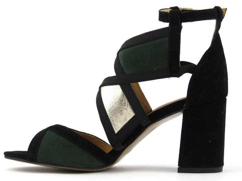 Eleganckie sandały damskie na słupku - MACIEJKA 05181-09, czarne z zielenią i złotem