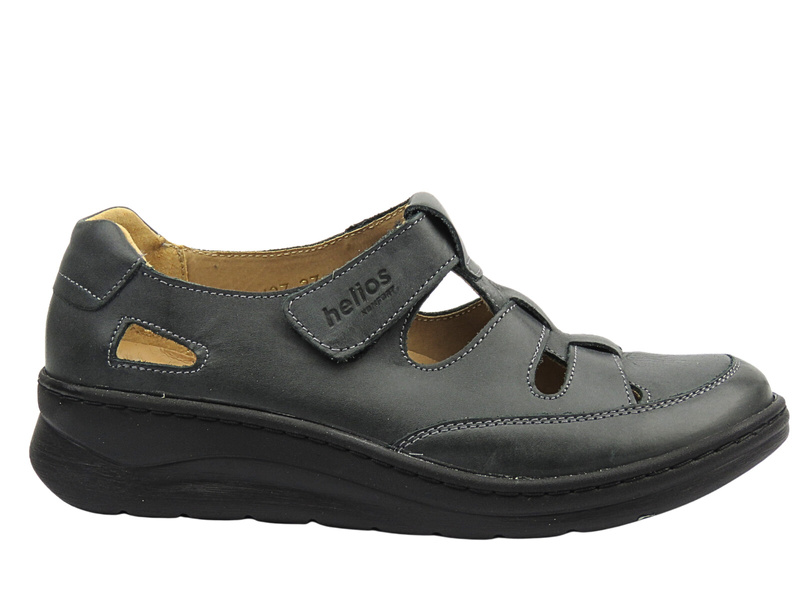 Skórzane półbuty damskie zapinane na rzep grafitowe Helios Komfort 437