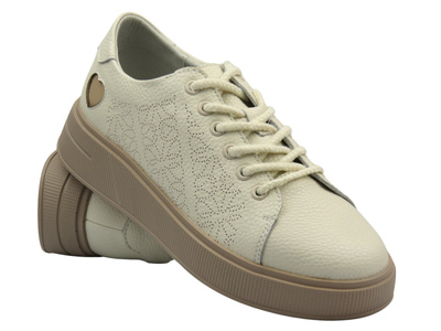 Skórzane półbuty damskie beżowe Vinceza 88018