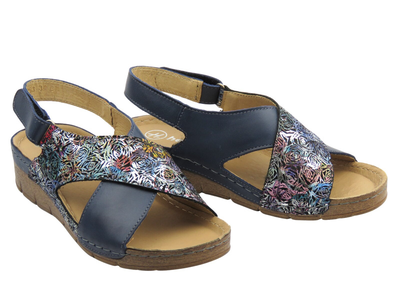 Skórzane sandały damskie ze skrzyżowanymi paskami - Helios Komfort 253, granatowe