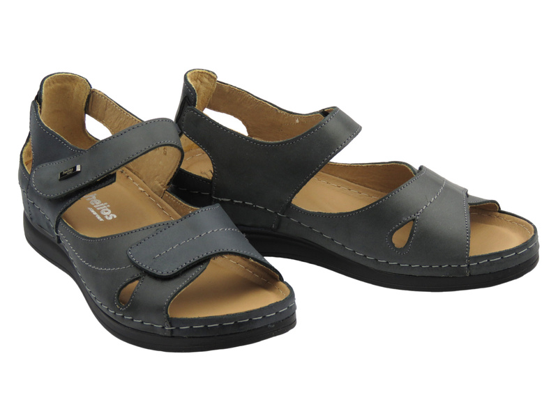 Skórzane sandały damskie na rzepy grafitowe Helios Komfort 139