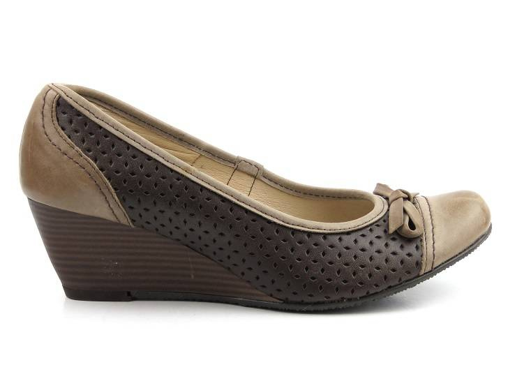 Skórzane czółenka na koturnie - NATALII 079, brązowe