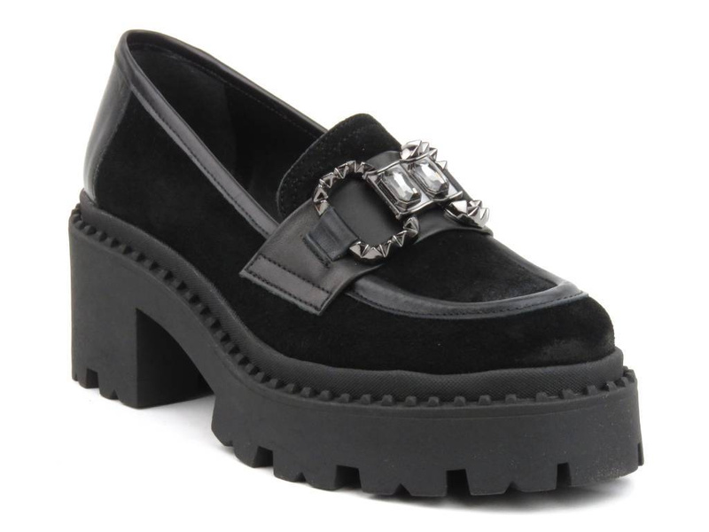 Półbuty, loafersy damskie na platformie - UNCOME 37102, czarne
