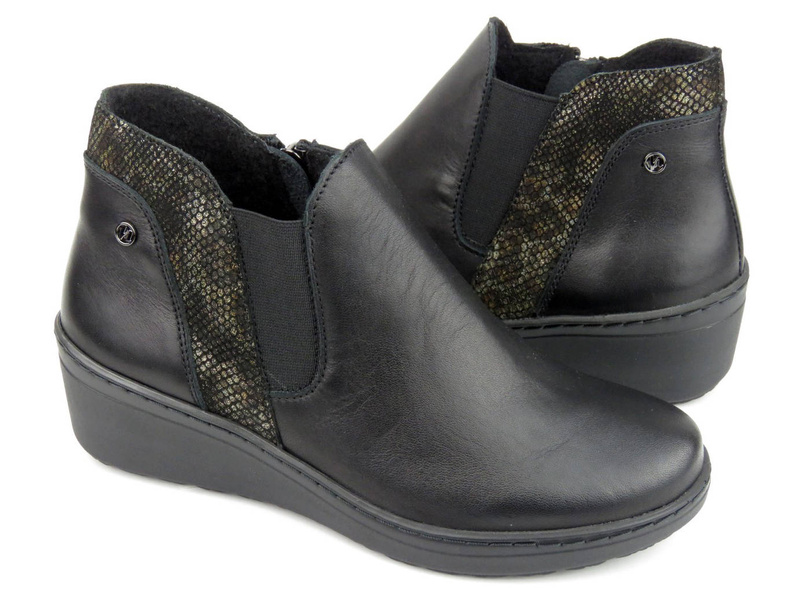 Eleganckie botki damskie na koturnie - HELIOS Komfort 596, czarne 2